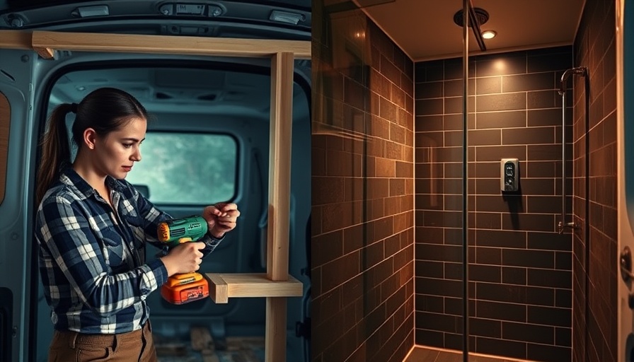 Young woman building tiny bathroom in cargo van.