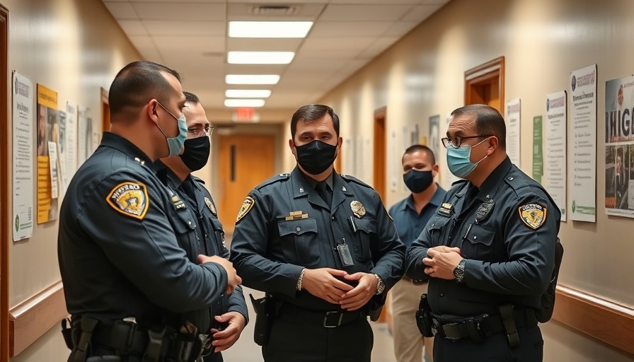 Masked officers in immigration court discussing procedures