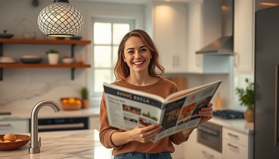 Woman smiling with magazine in modern kitchen featured in Better Homes and Gardens.