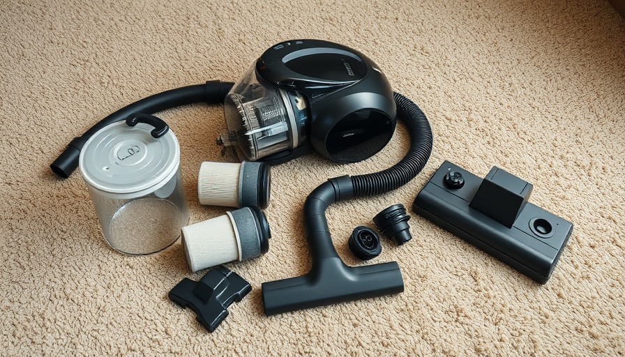 Parts of a Shark vacuum disassembled for cleaning on a carpet.