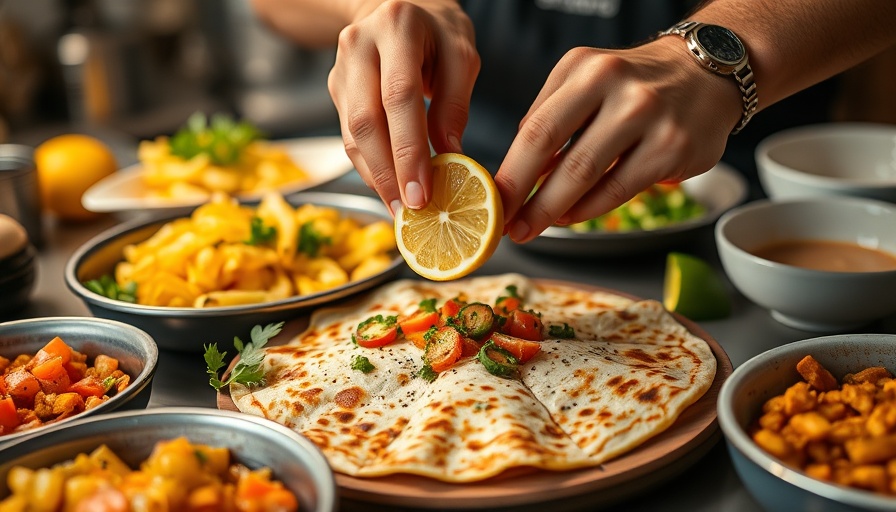Person squeezing lemon on Turkish lahmacun, garnished with fresh vegetables.