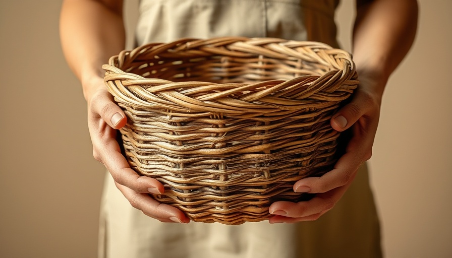 Woman holding aesthetic woven basket, soft natural lighting.