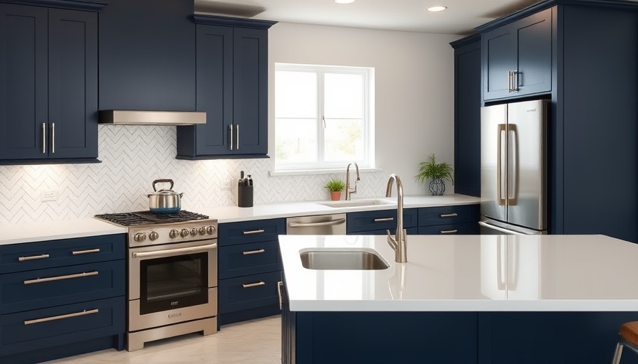 Modern kitchen design with navy cabinets and sleek backsplash.