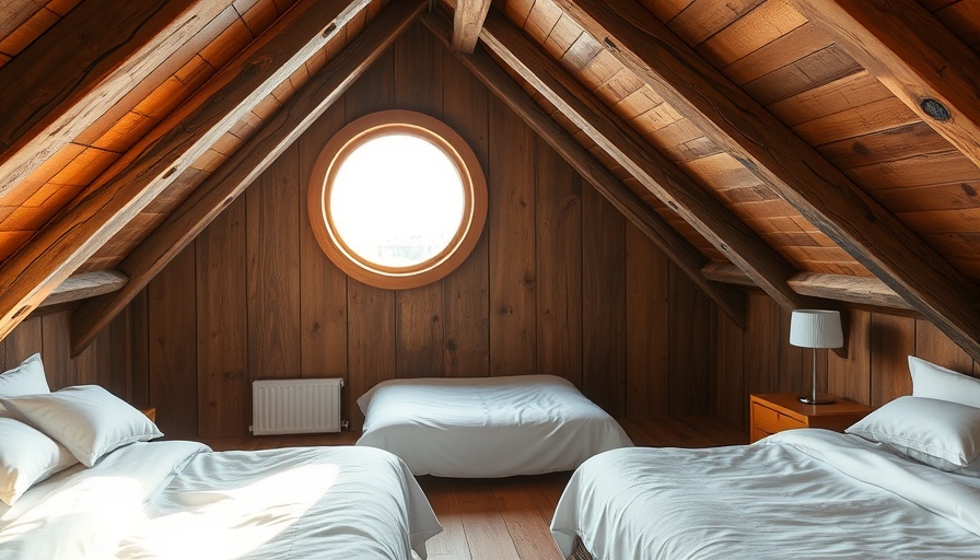 Cozy attic bedroom with rustic beams and circular window