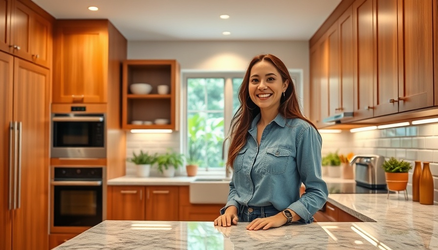 Modern kitchen design with a stylish woman and elegant decor.