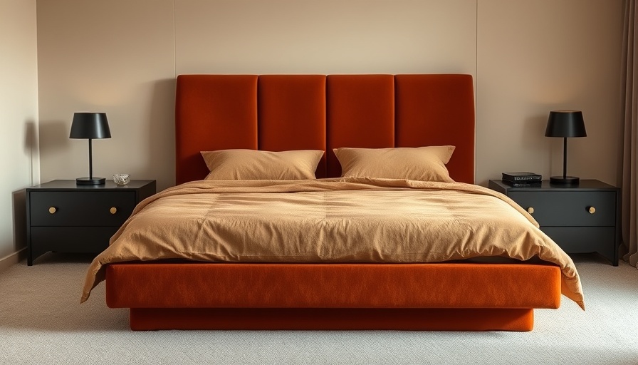 Simple linen bed covers on rust-colored bed in minimalist bedroom.