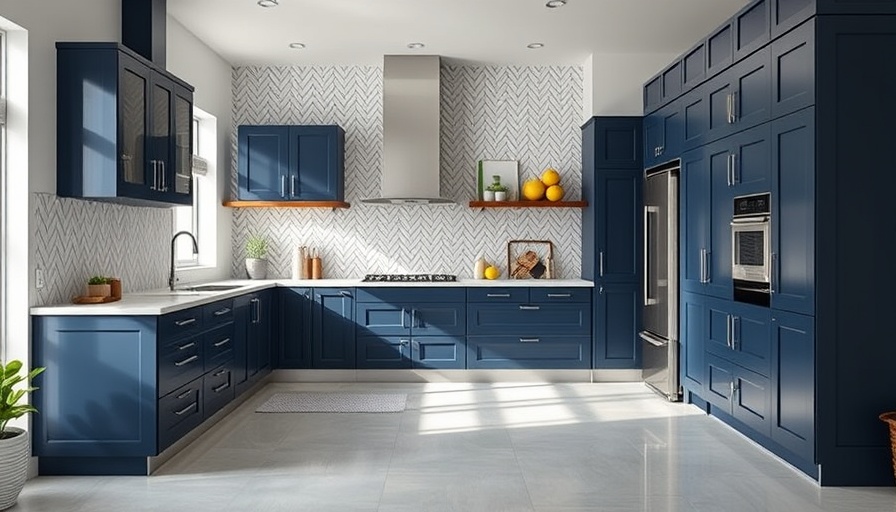Modern kitchen remodeling with navy cabinets and herringbone backsplash.