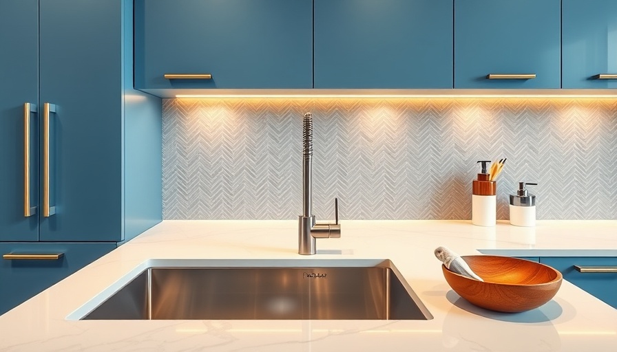 Modern kitchen remodeling with blue cabinets and herringbone backsplash.