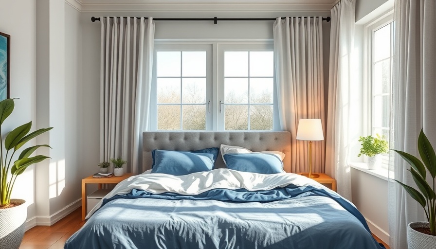 Chic bedroom with bed placed in front of windows.