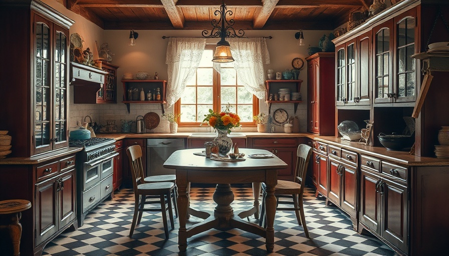 Elegant kitchen with vintage decor and burgundy cabinets in a soft light.