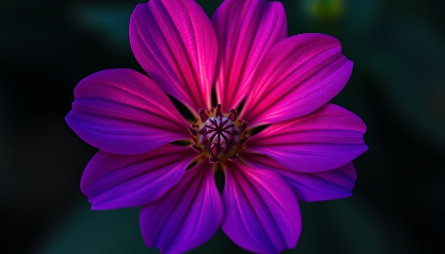 Vibrant Boylecheloid flower with purple petals and dark background.