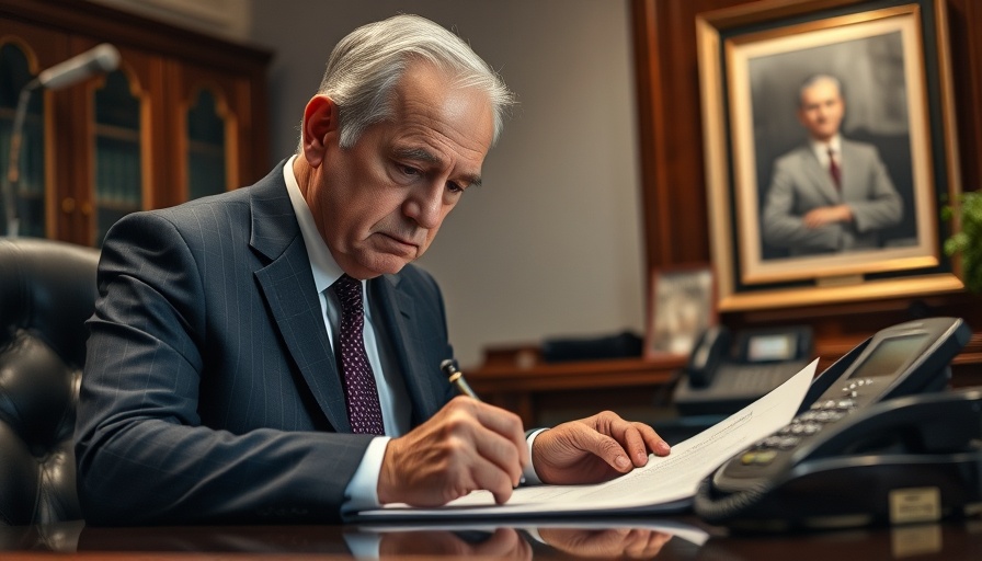 Older man signing documents at desk, related to clean energy awards cancellation.