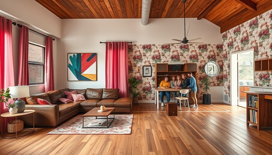 Overview of 2025 home remodeling trends, featuring modern living room, home office, family portrait, vintage-style kitchen, and rustic room.