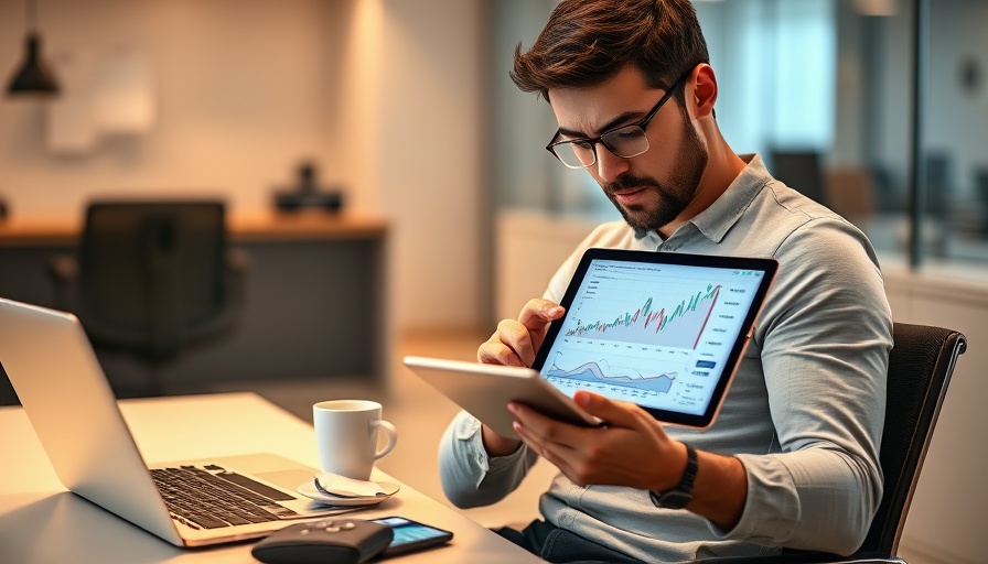 Young man evaluating income stocks at modern workspace.
