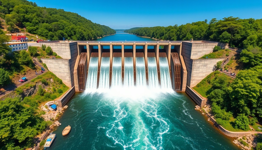 Aerial view of a dam with flowing water, greenery, and clear sky.