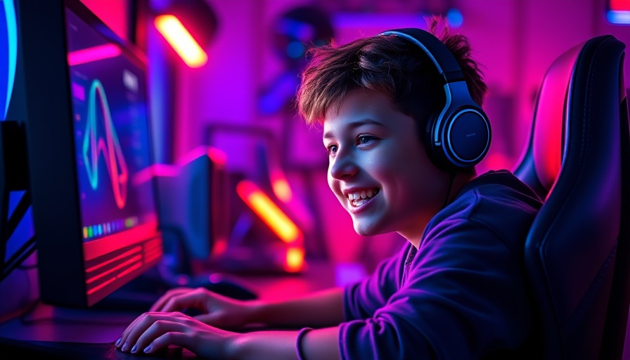 Young boy gaming with headphones in a neon-lit room, MyWirelessCoupons Game.