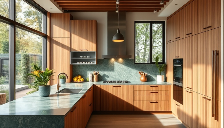 Modern kitchen design with wooden elements and green countertop.