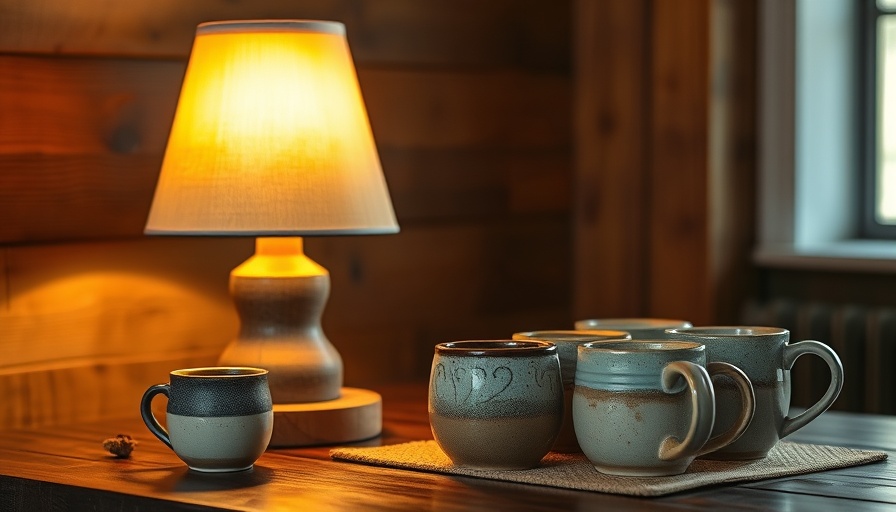 Cozy rustic kitchen table setting with lamp and ceramic cups.
