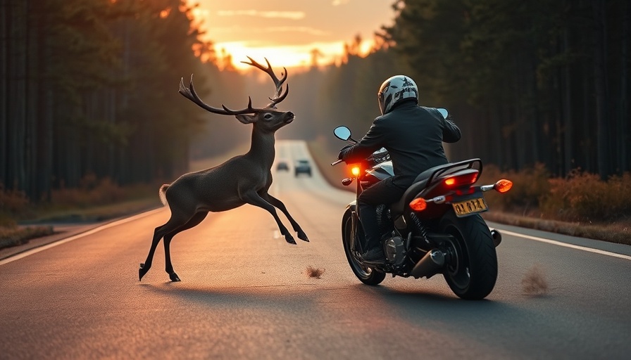 Hitting a deer on a motorcycle in dramatic roadside scene.
