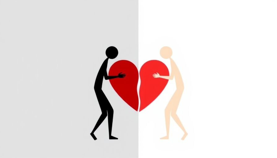 Minimalist illustration of figures with heart split representing mindfulness and inequality.