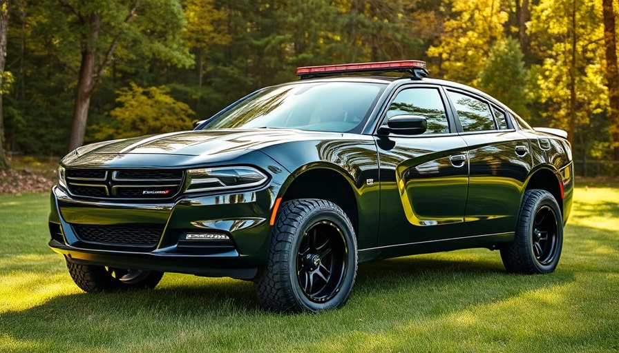 Lifted 2017 Dodge Charger Pursuit modified for rugged terrain in a forest setting.