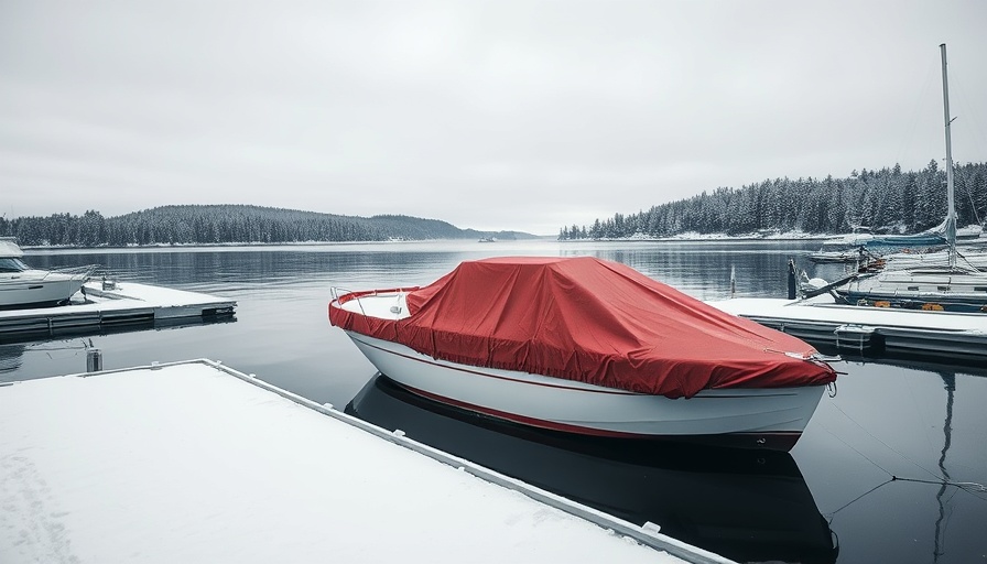 Covered motorboat in snowy marina, highlighting when to winterize your boat.