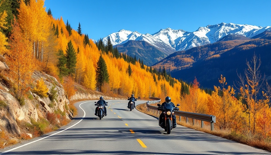Motorcyclists enjoying Colorado fall colors on scenic mountain road.