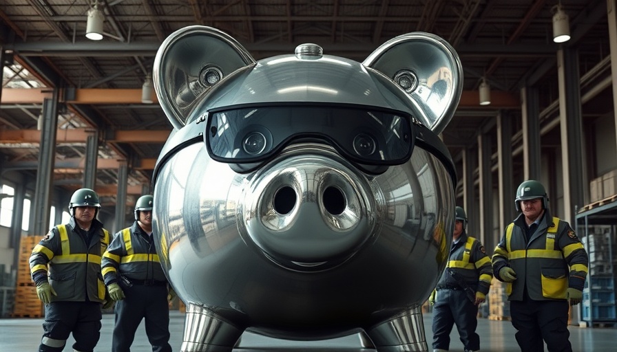 Giant silver piggy bank guarded by officials in warehouse, symbolizing rising silver prices.