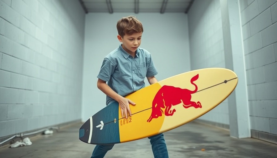 Teen attempts to steal a Red Bull surfboard in storage room.