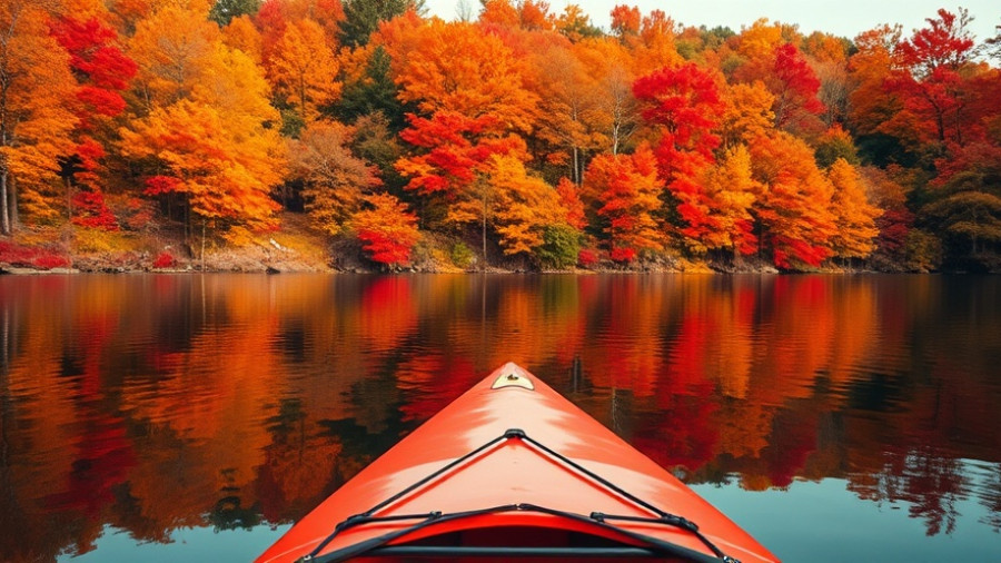 Serene kayak view of autumn lake with vibrant foliage near NYC.