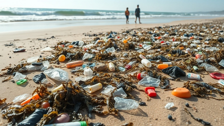 Plastic pollution solution surfboard fins concept on littered beach.
