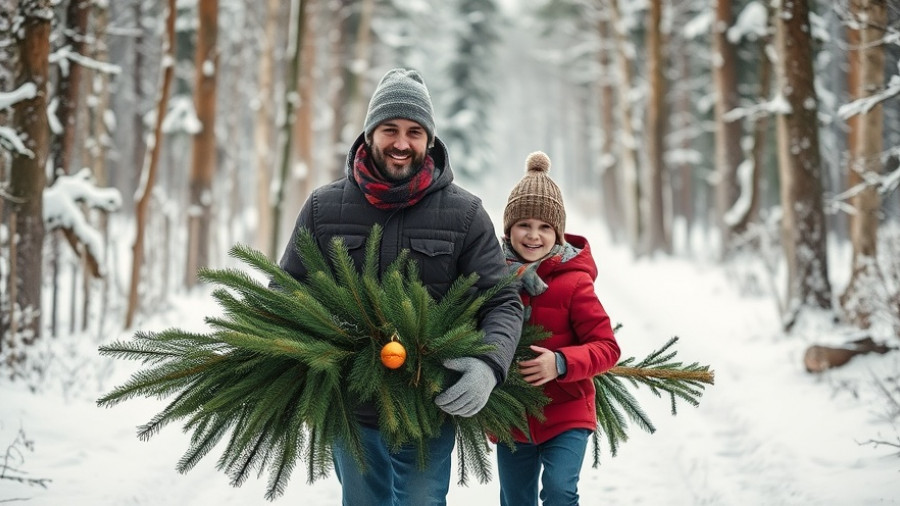 Father and son with Christmas tree in forest, snow scene.