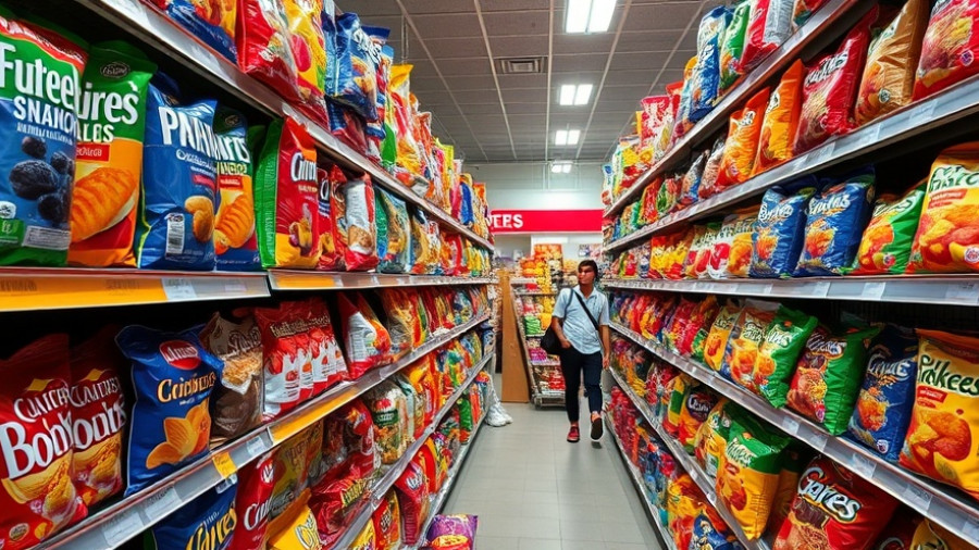 Vibrant display of snack bags in UK supermarket highlighting packaging variety.