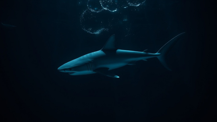 Solitary great white shark gliding through dark waters at night.