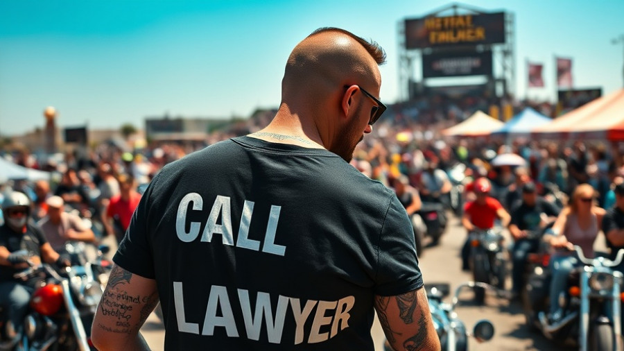 Motorcycle event with man in 'CALL MY LAWYER' shirt, Colorado sunlight.