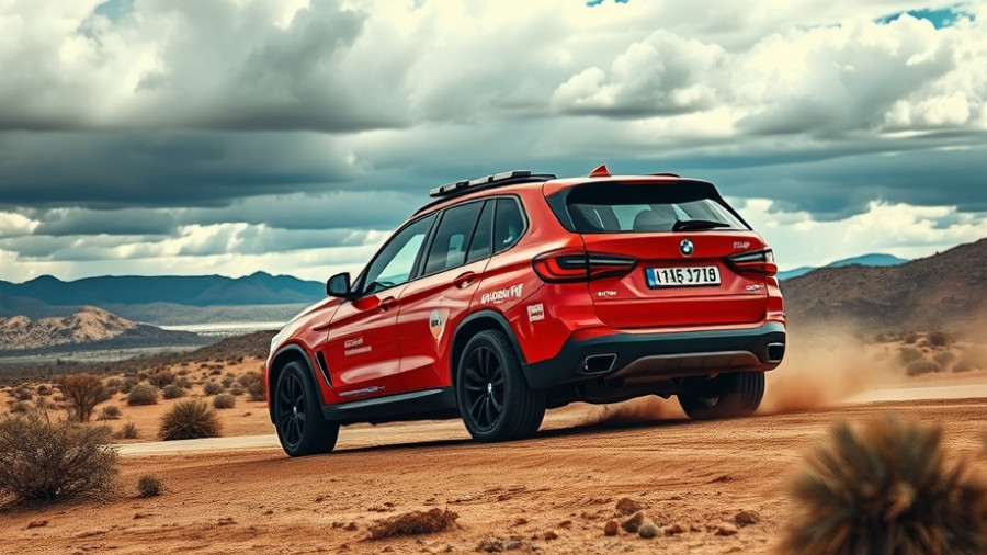 BMW X5 in Rebelle Rally 2025 desert scene with dramatic clouds.