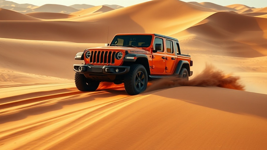Jeep Gladiator Mojave navigating desert dunes, warm daylight.