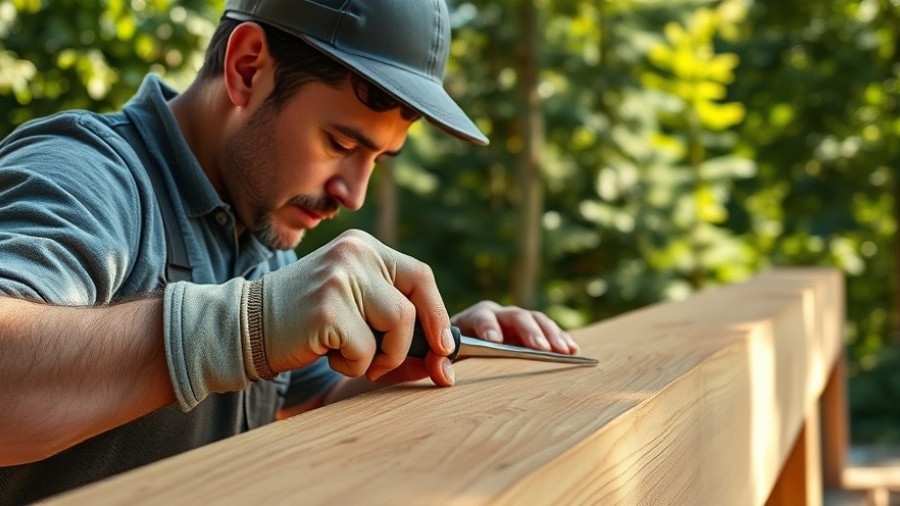 Worker treating Douglas Fir posts and beams in natural sunlight.
