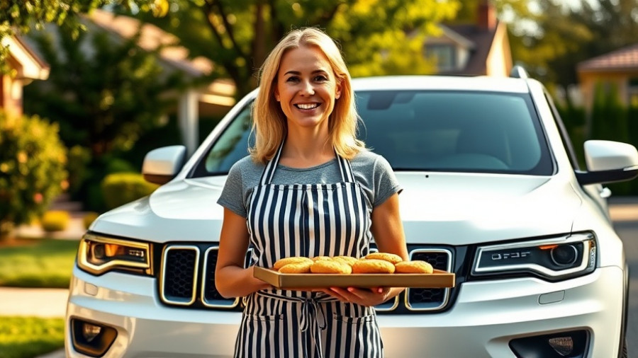Woman with cookies in front of 2026 Jeep Grand Wagoneer, suburban scene.