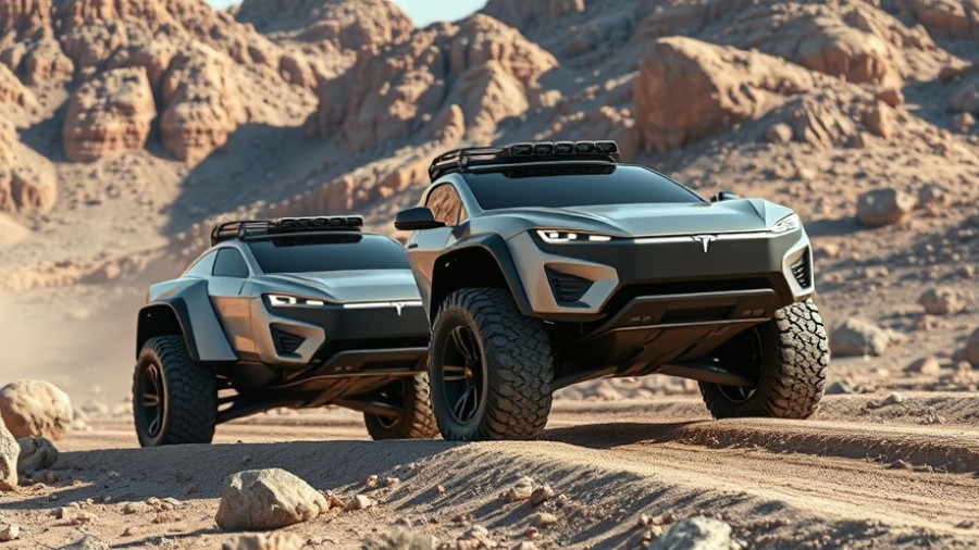 Tesla Cybertrucks navigating rugged terrain in desert.