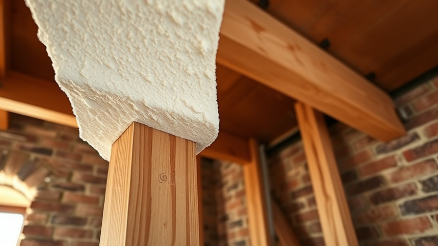 Insulating rim joist in brick home with foam, close-up view.