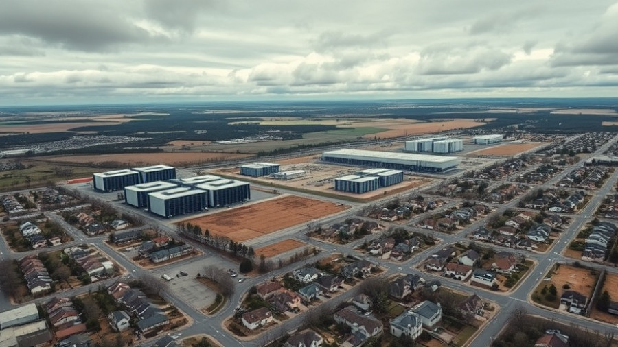 Aerial view of data centers and suburban homes in the data center capital of the world.