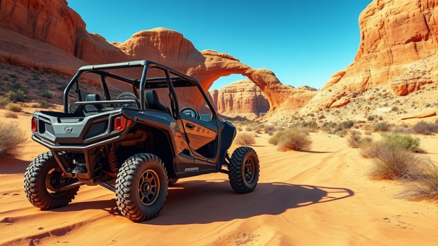 UTV on Logandale Trail System under sandstone arch.