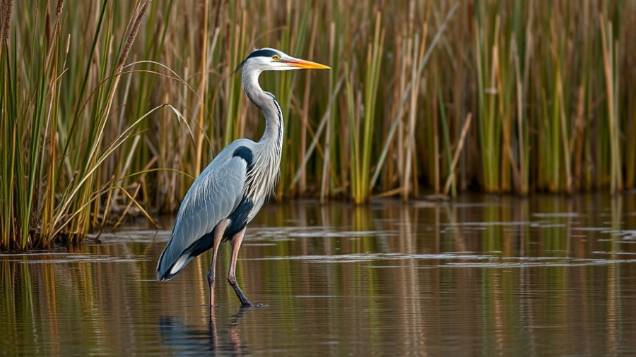 Heron in a wetland environment with tall reeds.