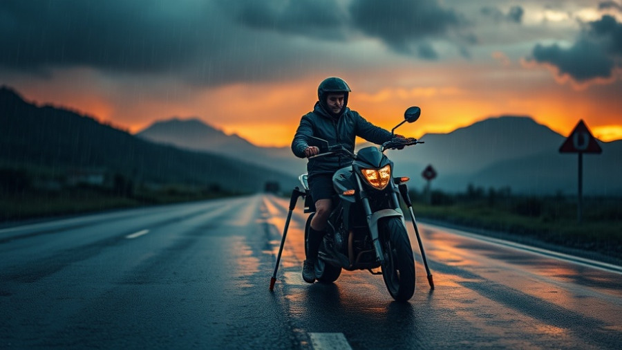 Motorcycle accident recovery support: Rider with crutches on wet road.