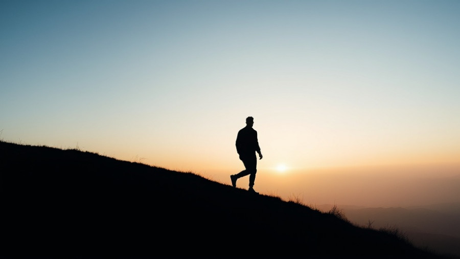 Silhouette person walking uphill under a calm sky, mindfulness and letting go of results.