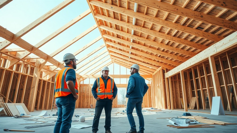 Construction engineers inspecting ledger reinforcement options for roof overhang.