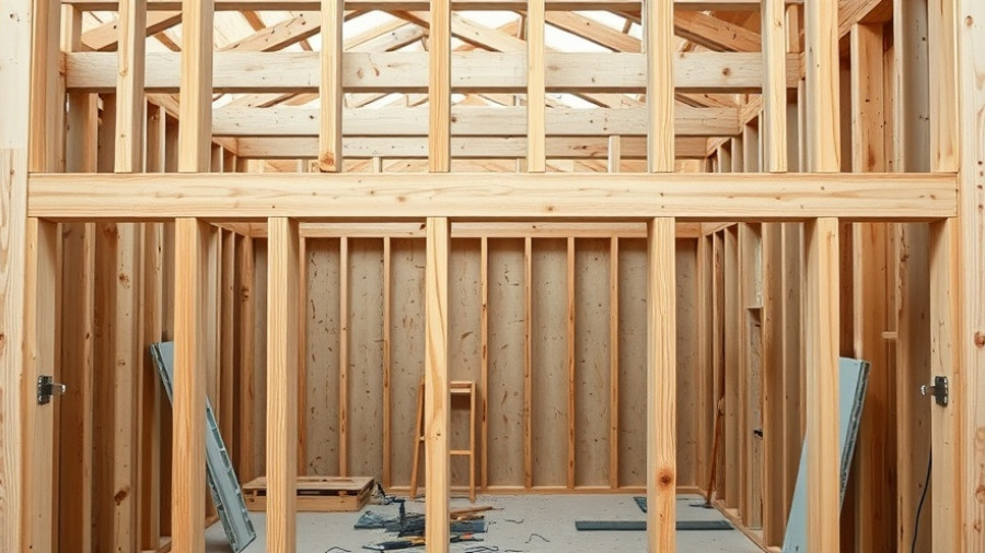 Close-up of double stud wall framing at a construction site.