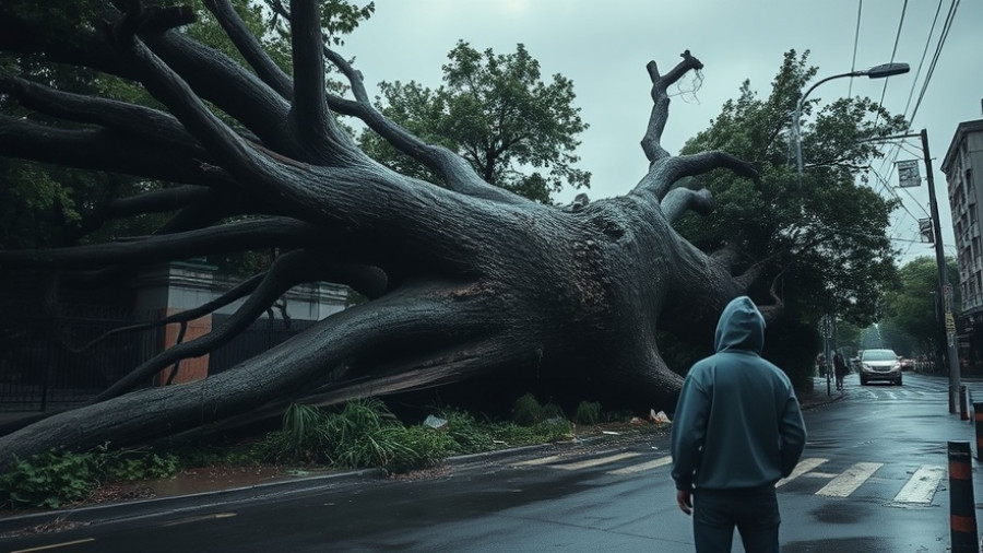 Uprooted tree and storm damage observed by a person, Hurricane Melissa climate change impact.
