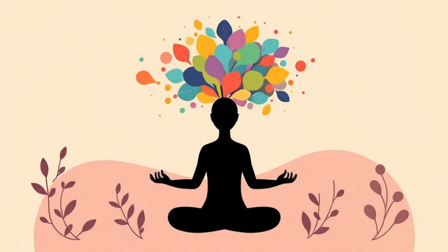 Mindful meditation silhouette with colorful thought patterns, mindfulness practice for thoughts.
